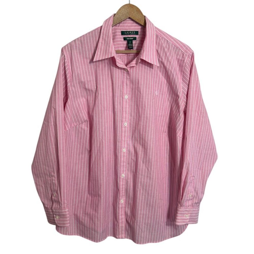 LRL Ralph Lauren Non Iron Womens Shirt Blouse 2X Pink Striped Cotton Long Sleeve